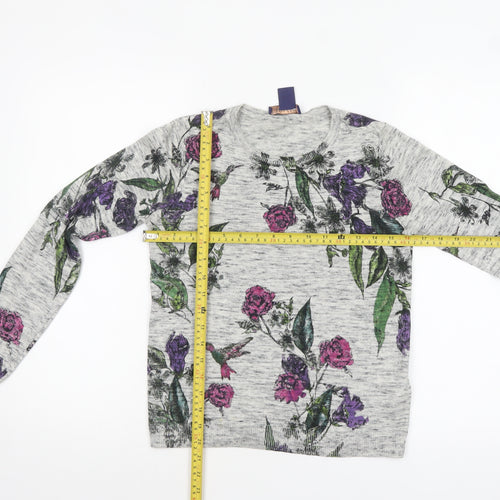 Oasis Women Grey Floral Crew Neck Cotton Jumper XS