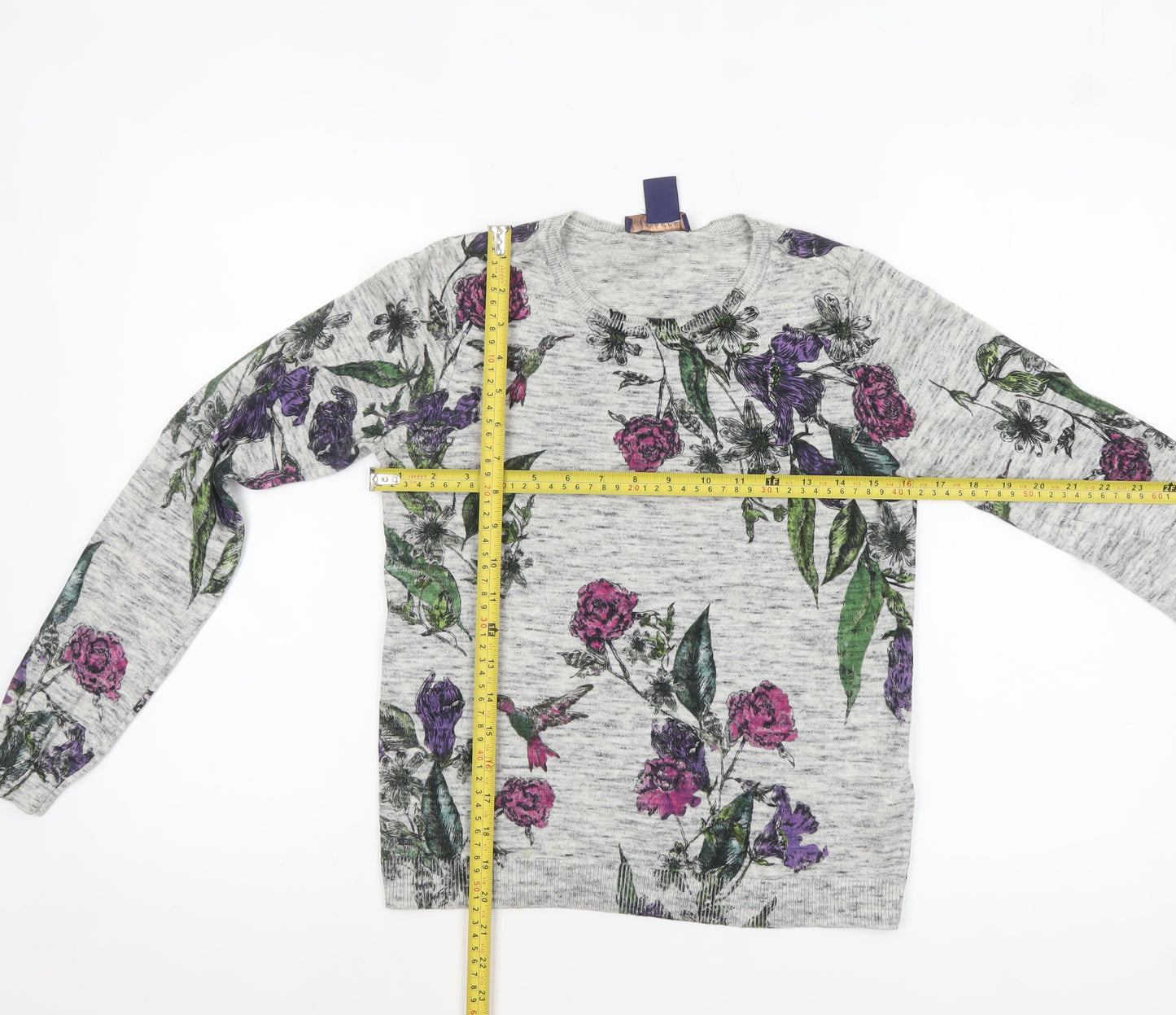 Oasis Women Grey Floral Crew Neck Cotton Jumper XS