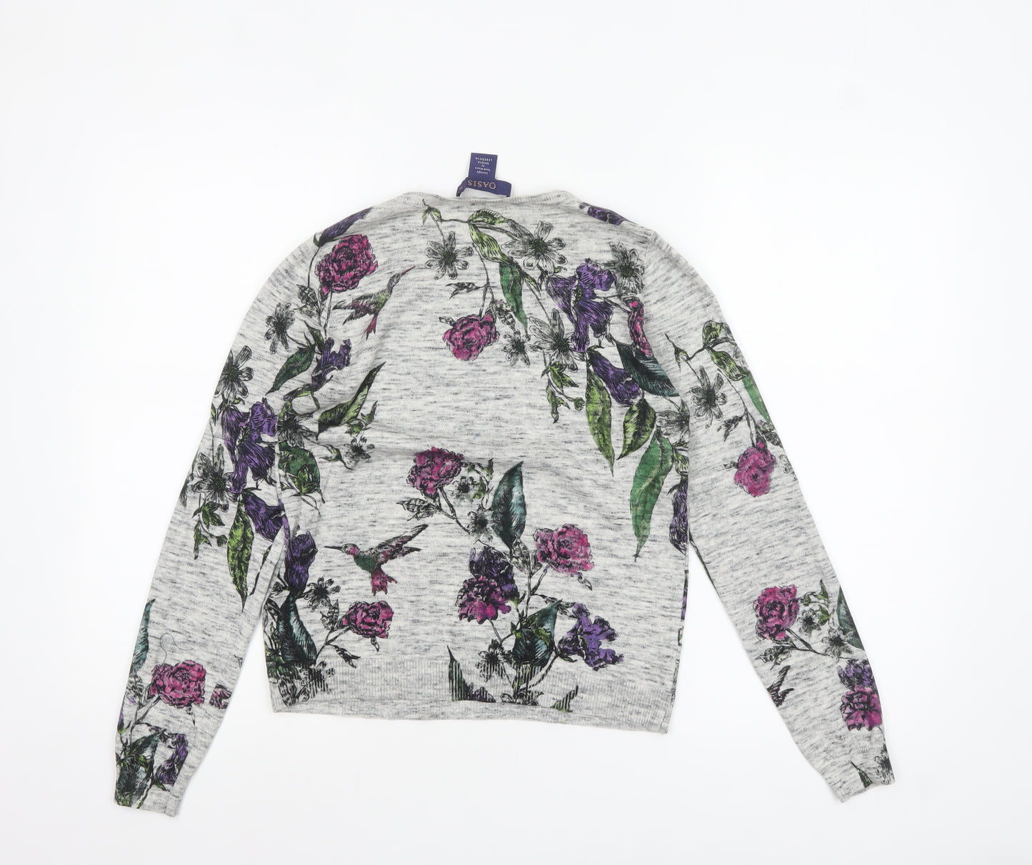 Oasis Women Grey Floral Crew Neck Cotton Jumper XS