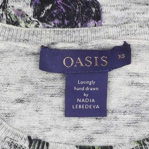 Oasis Women Grey Floral Crew Neck Cotton Jumper XS