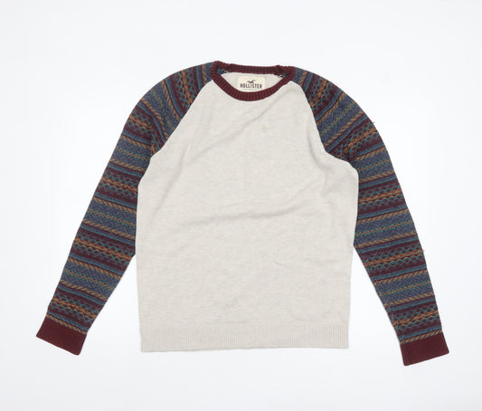 Hollister Mens Beige Fair Isle Long Sleeve Crew Neck Knit Jumper L