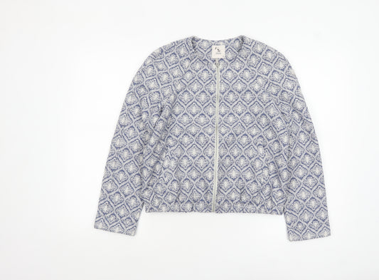 Tu Women’s Blue Patterned Zip-Up Jacket Size 10 Cotton Blend