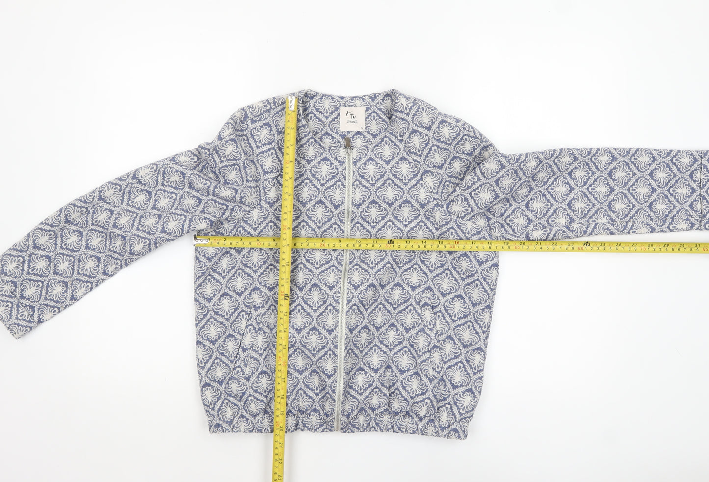 Tu Women’s Blue Patterned Zip-Up Jacket Size 10 Cotton Blend