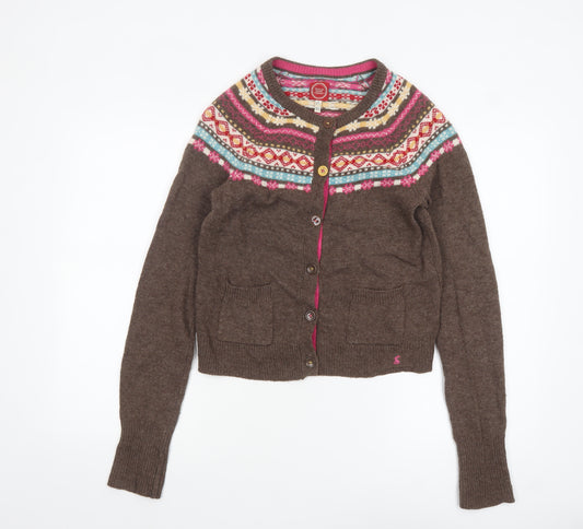 Joules Women's Brown Fair Isle Wool Cardigan Size 10
