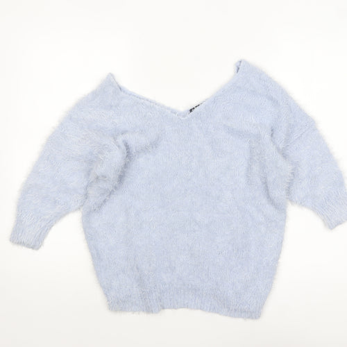 F&F Women’s Light Blue Fluffy V-Neck Pullover Jumper Size 12