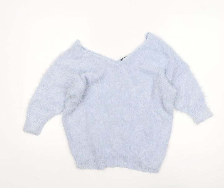 F&F Women’s Light Blue Fluffy V-Neck Pullover Jumper Size 12