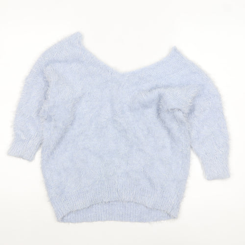 F&F Women’s Light Blue Fluffy V-Neck Pullover Jumper Size 12