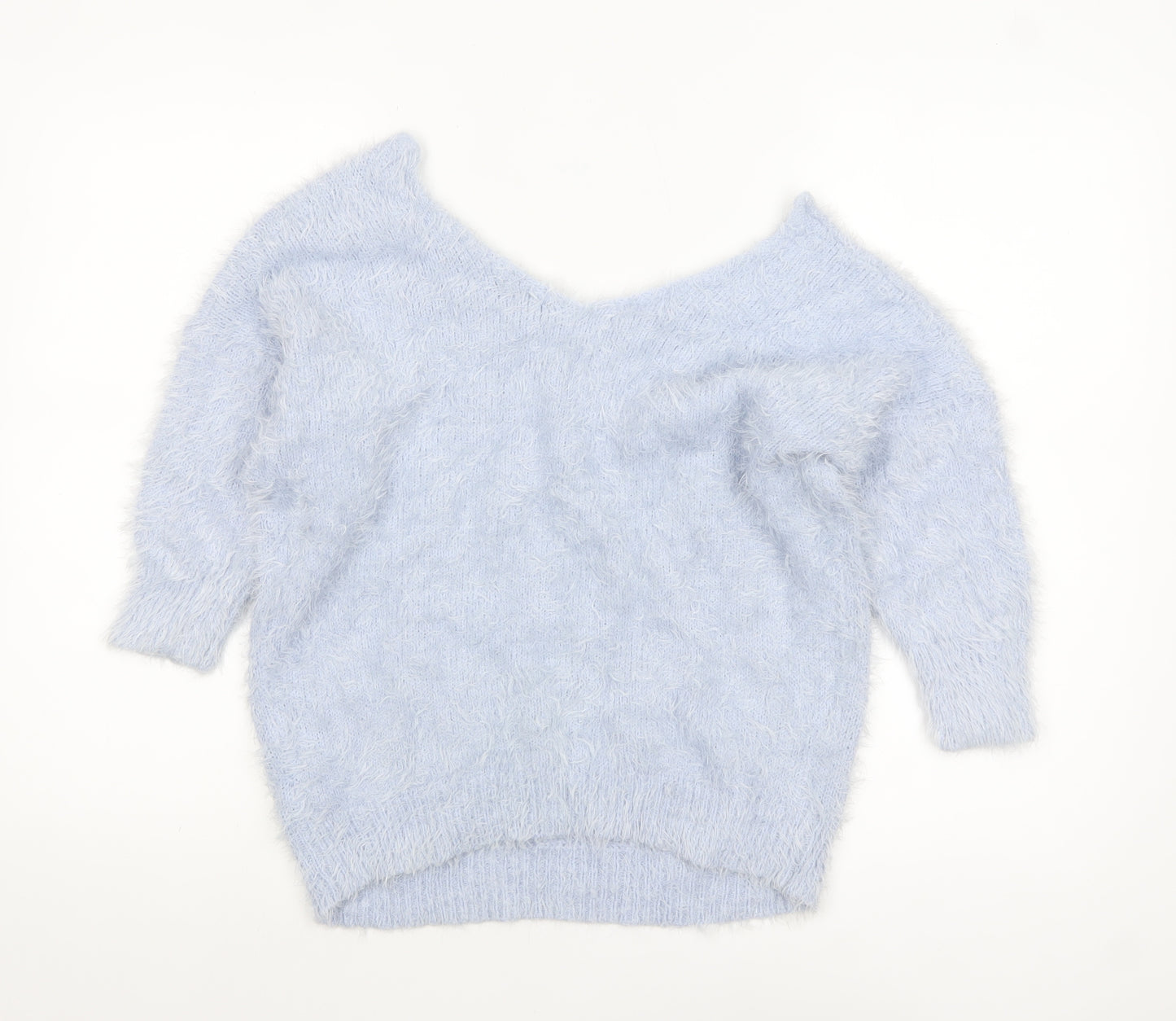F&F Women’s Light Blue Fluffy V-Neck Pullover Jumper Size 12