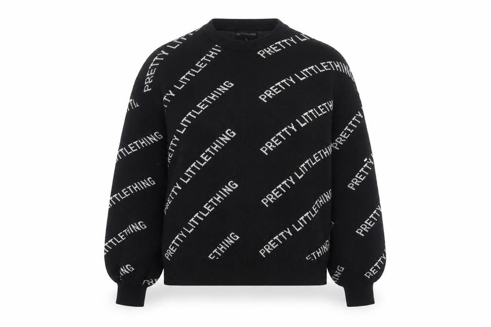 Front view of PRETTYLITTLETHING Women's Black Small Logo Print jumper