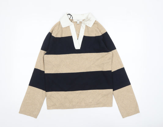 Marks and Spencer Women's Beige Striped Collared Henley Jumper XS