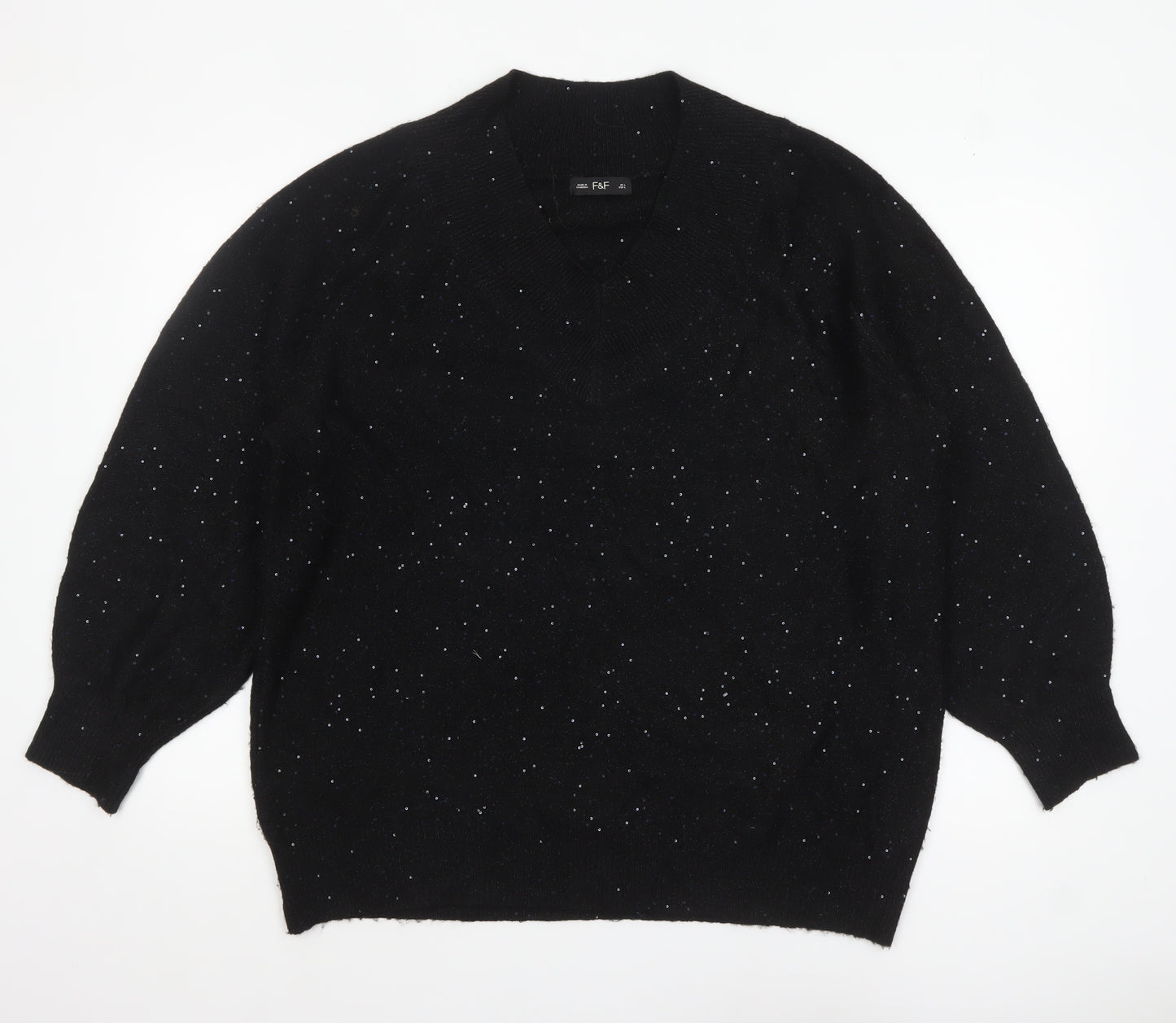 F&F Women's Black Sequin V-Neck Pullover Jumper Size L