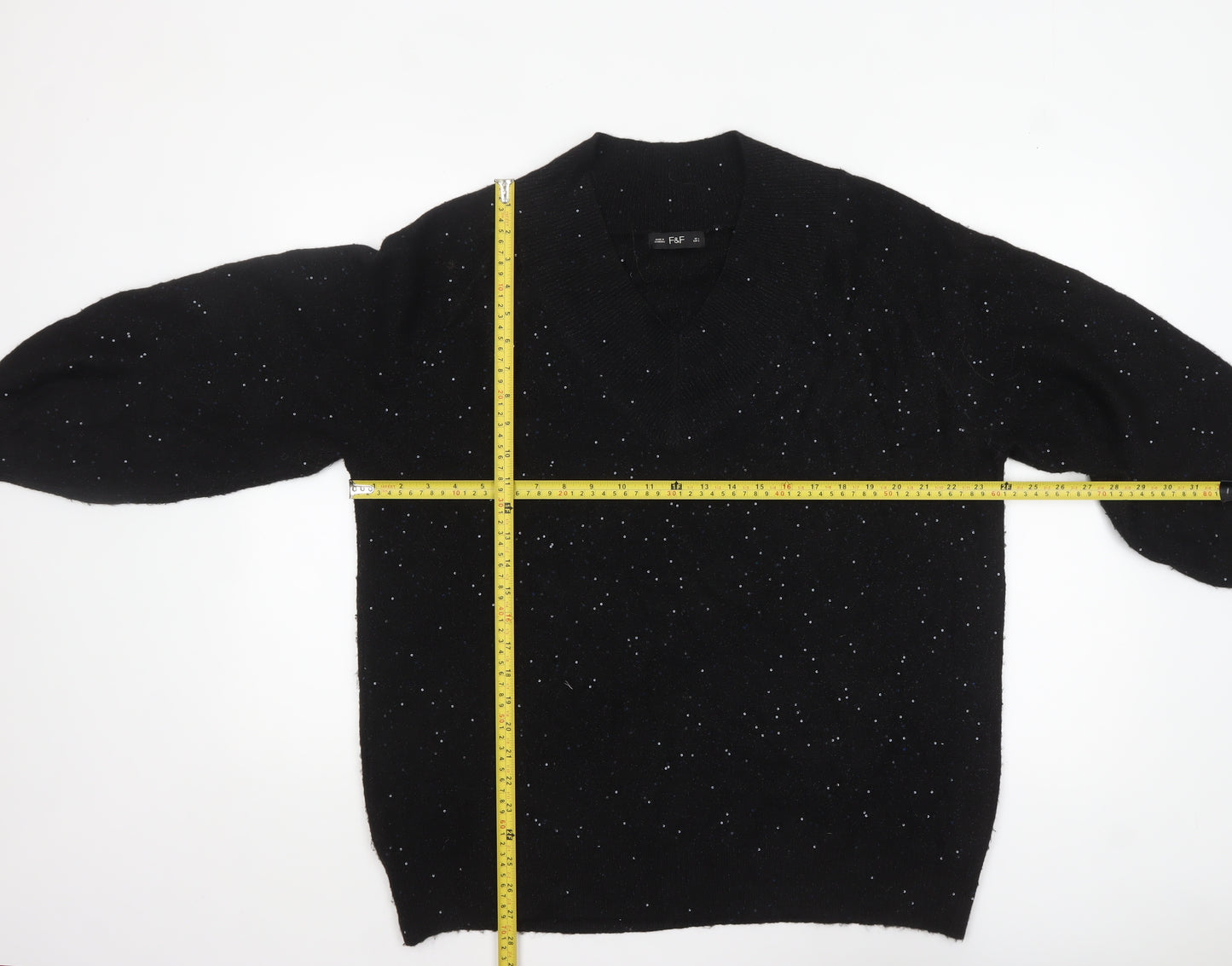 F&F Women's Black Sequin V-Neck Pullover Jumper Size L
