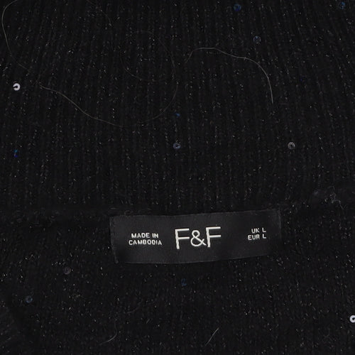 F&F Women's Black Sequin V-Neck Pullover Jumper Size L