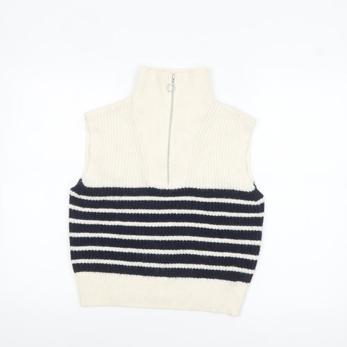 Ruby Moon Women Ivory Striped Half Zip Sleeveless Knit Vest S