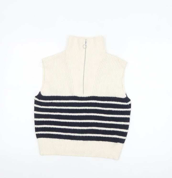 Ruby Moon Women Ivory Striped Half Zip Sleeveless Knit Vest S