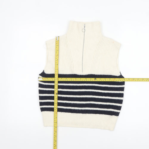 Ruby Moon Women Ivory Striped Half Zip Sleeveless Knit Vest S