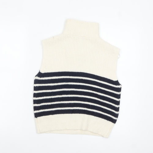 Ruby Moon Women Ivory Striped Half Zip Sleeveless Knit Vest S