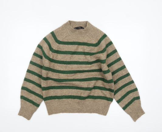 Mango Women’s Beige Green Striped Mock Neck Wool Blend Jumper Size 10