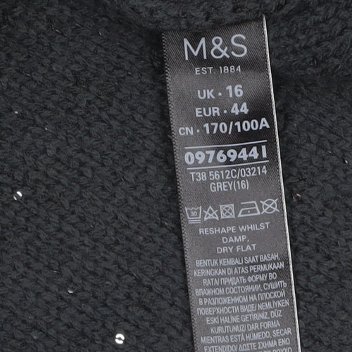 Marks and Spencer Womens Grey Sequin V-Neck Knit Jumper Size 16