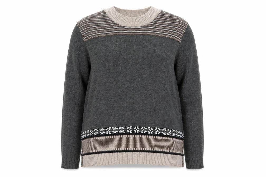 Front view of Afibel Women’s Grey Fair Isle Wool Blend Long Sleeve jumper, size UK 18