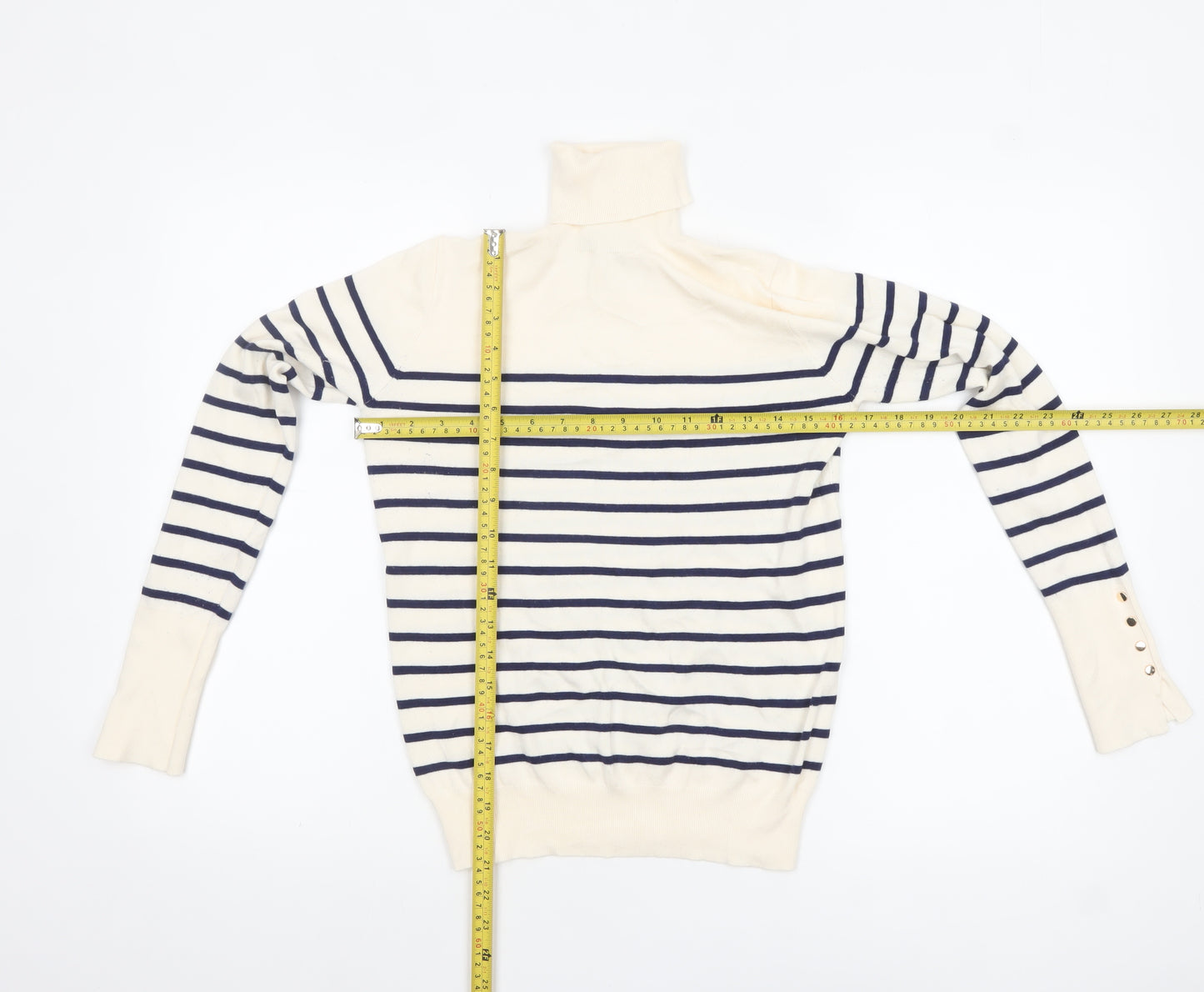 ZARA Women Ivory Striped Roll Neck Knit Jumper Size S