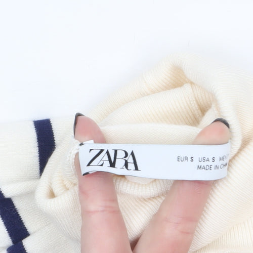 ZARA Women Ivory Striped Roll Neck Knit Jumper Size S