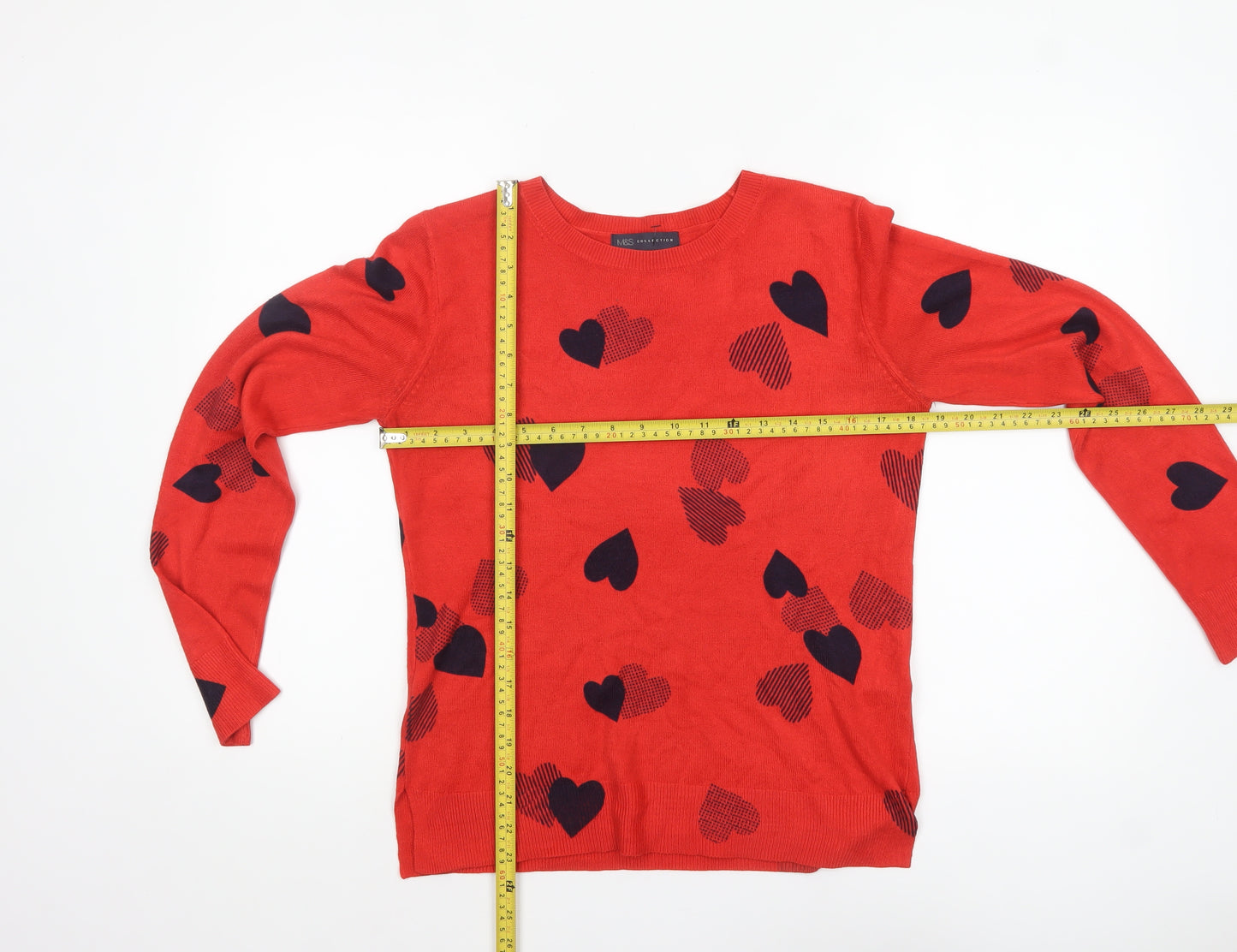 Marks and Spencer Women's Red Heart Print Crew Neck Jumper Size 10