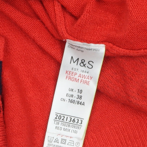 Marks and Spencer Women's Red Heart Print Crew Neck Jumper Size 10