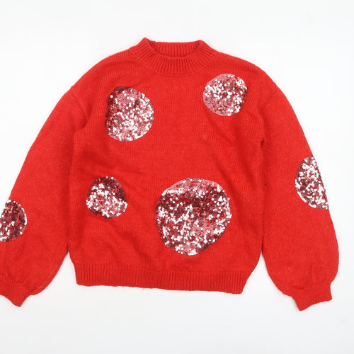 Marks and Spencer Women Red Sequin Polka Dot High Neck Jumper Size S