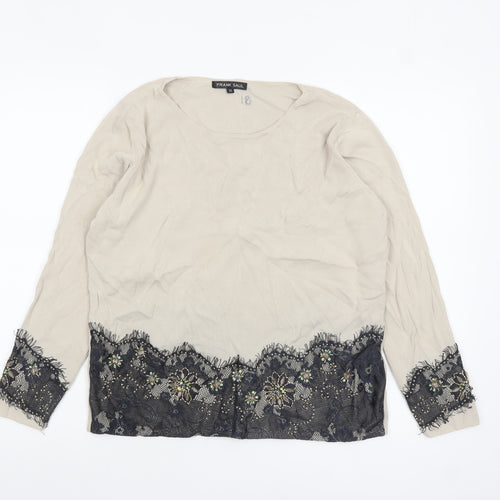 Frank Saul Womens Beige Floral Beaded Lace Hem Jumper M