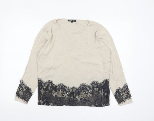 Frank Saul Womens Beige Floral Beaded Lace Hem Jumper M