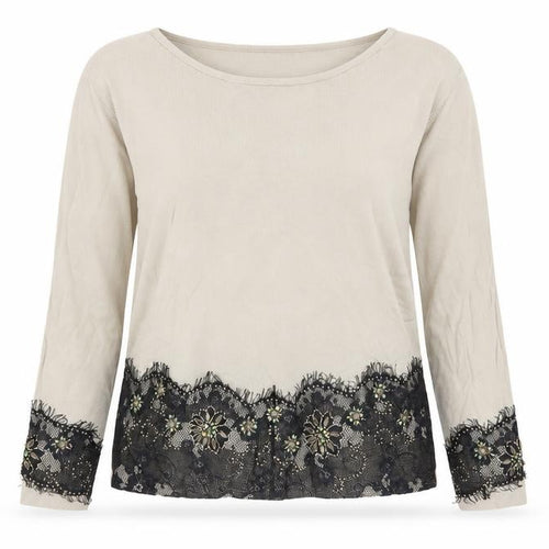 Frank Saul Womens Beige Floral Beaded Lace Hem Jumper M
