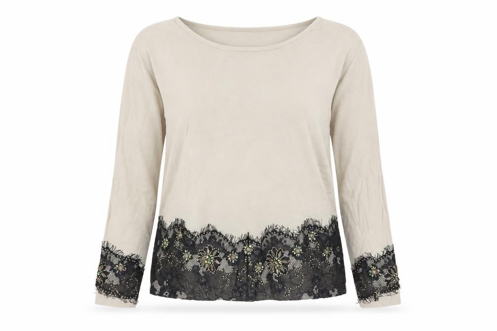 Frank Saul Womens Beige Floral Beaded Lace Hem Jumper M