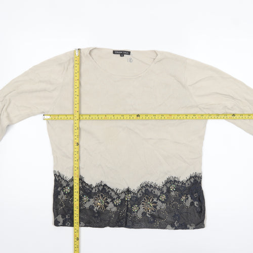 Frank Saul Womens Beige Floral Beaded Lace Hem Jumper M