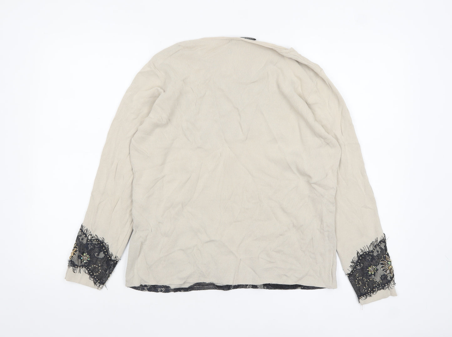 Frank Saul Womens Beige Floral Beaded Lace Hem Jumper M