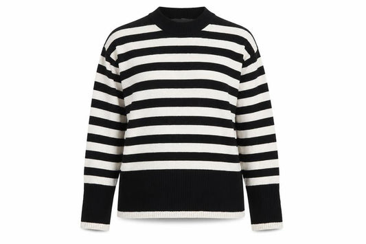 Front view of Zara Women’s Black White Striped Crew Neck Knit Jumper, size UK 12