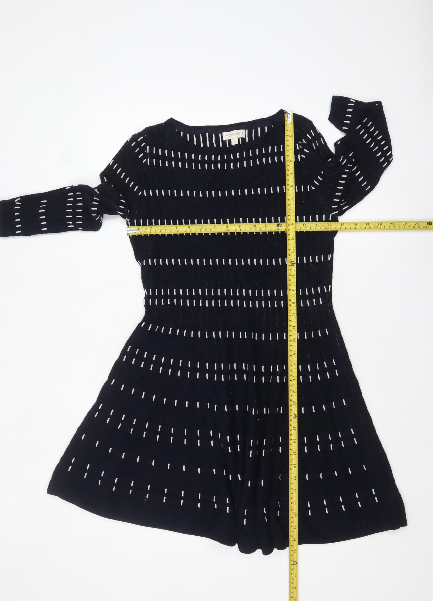Monsoon Women Blue Striped Knit Fit & Flare Dress Size L