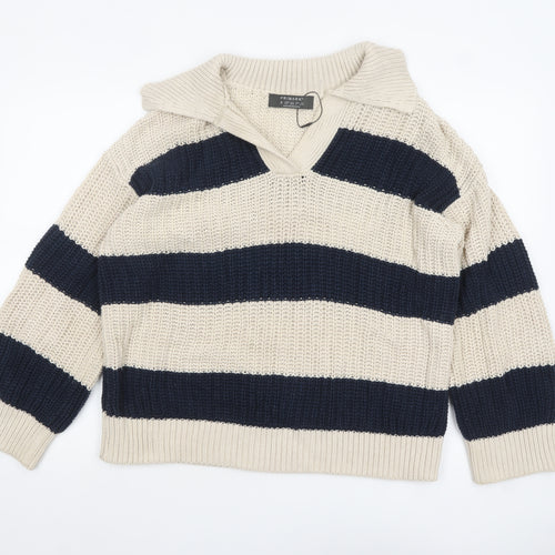 Primark Women's Beige & Navy Striped Chunky Knit V-Neck Pullover Jumper Size S