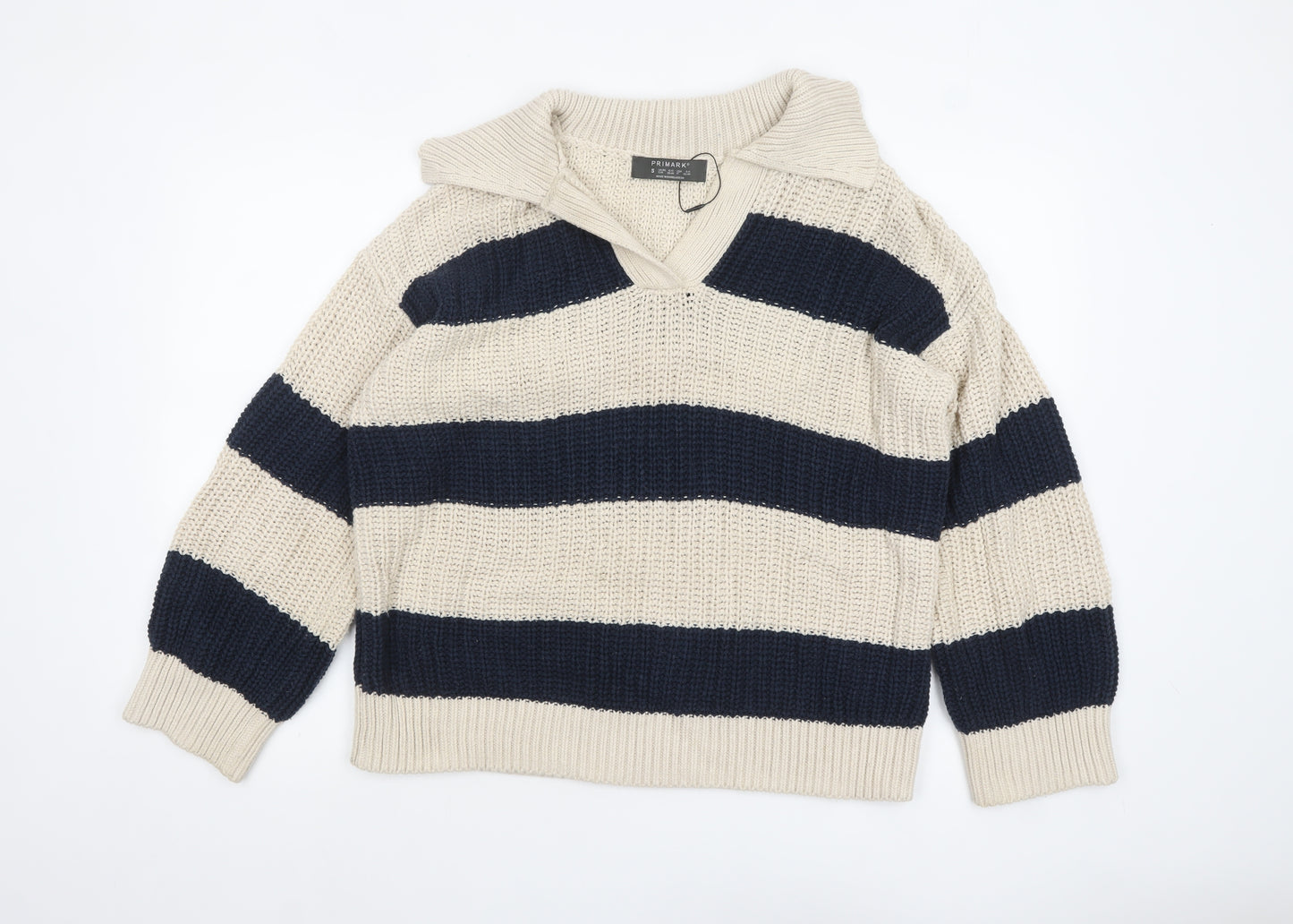 Primark Women's Beige & Navy Striped Chunky Knit V-Neck Pullover Jumper Size S