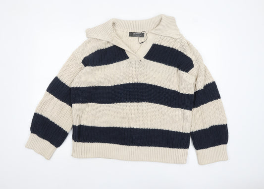 Primark Women's Beige & Navy Striped Chunky Knit V-Neck Pullover Jumper Size S