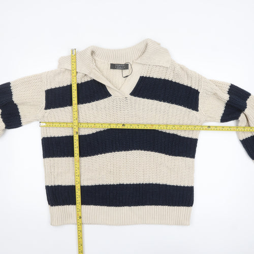 Primark Women's Beige & Navy Striped Chunky Knit V-Neck Pullover Jumper Size S