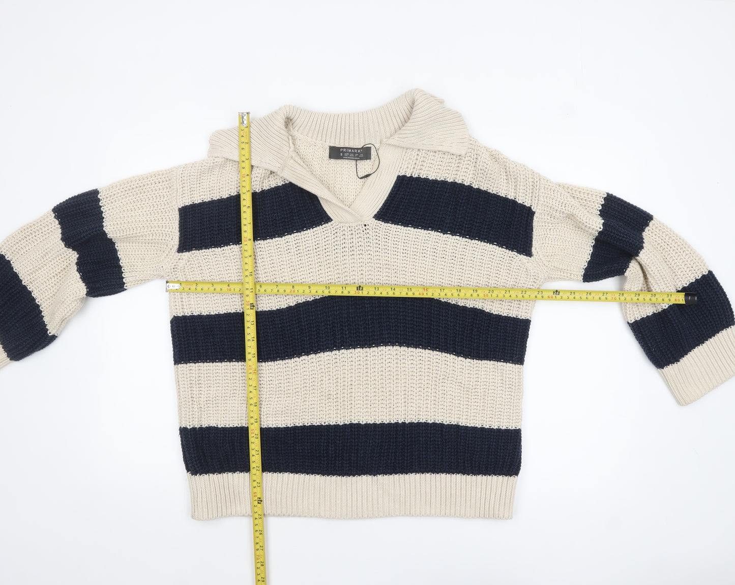 Primark Women's Beige & Navy Striped Chunky Knit V-Neck Pullover Jumper Size S
