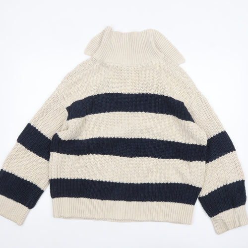 Primark Women's Beige & Navy Striped Chunky Knit V-Neck Pullover Jumper Size S