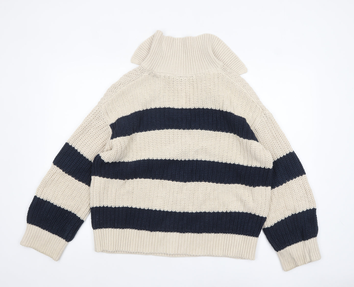 Primark Women's Beige & Navy Striped Chunky Knit V-Neck Pullover Jumper Size S