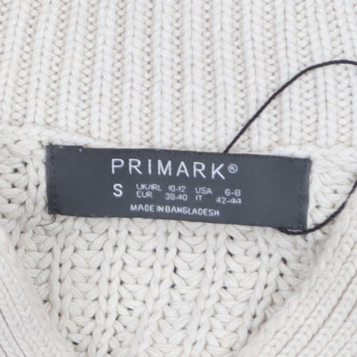 Primark Women's Beige & Navy Striped Chunky Knit V-Neck Pullover Jumper Size S