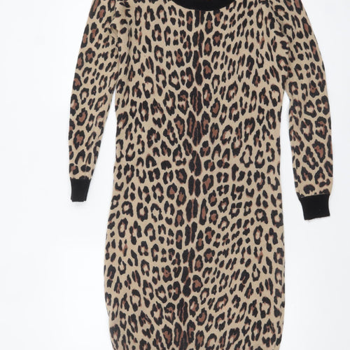 Jaeger Women Beige Leopard Knit Bodycon Dress XS Long Sleeve