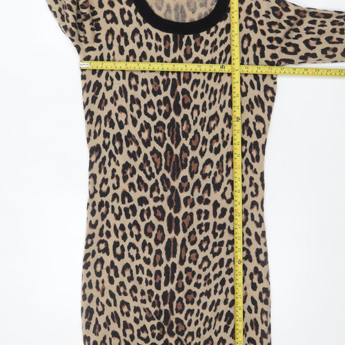 Jaeger Women Beige Leopard Knit Bodycon Dress XS Long Sleeve