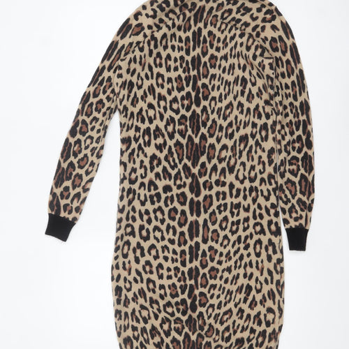 Jaeger Women Beige Leopard Knit Bodycon Dress XS Long Sleeve