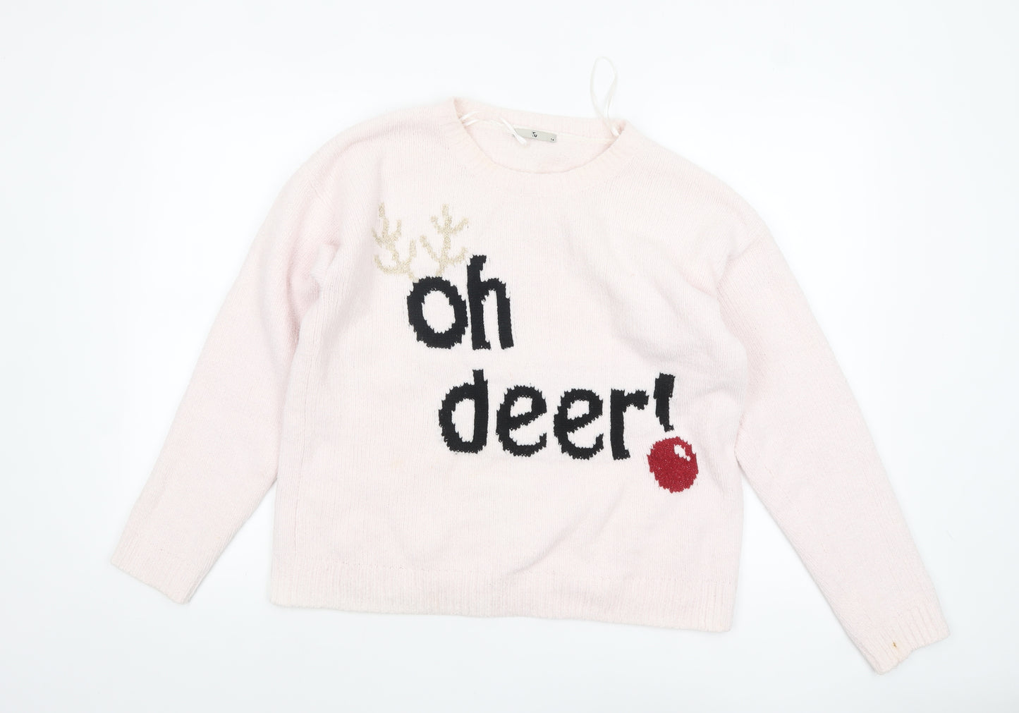 Tu Women Pink Christmas Pullover Jumper Size 14 Crew Neck