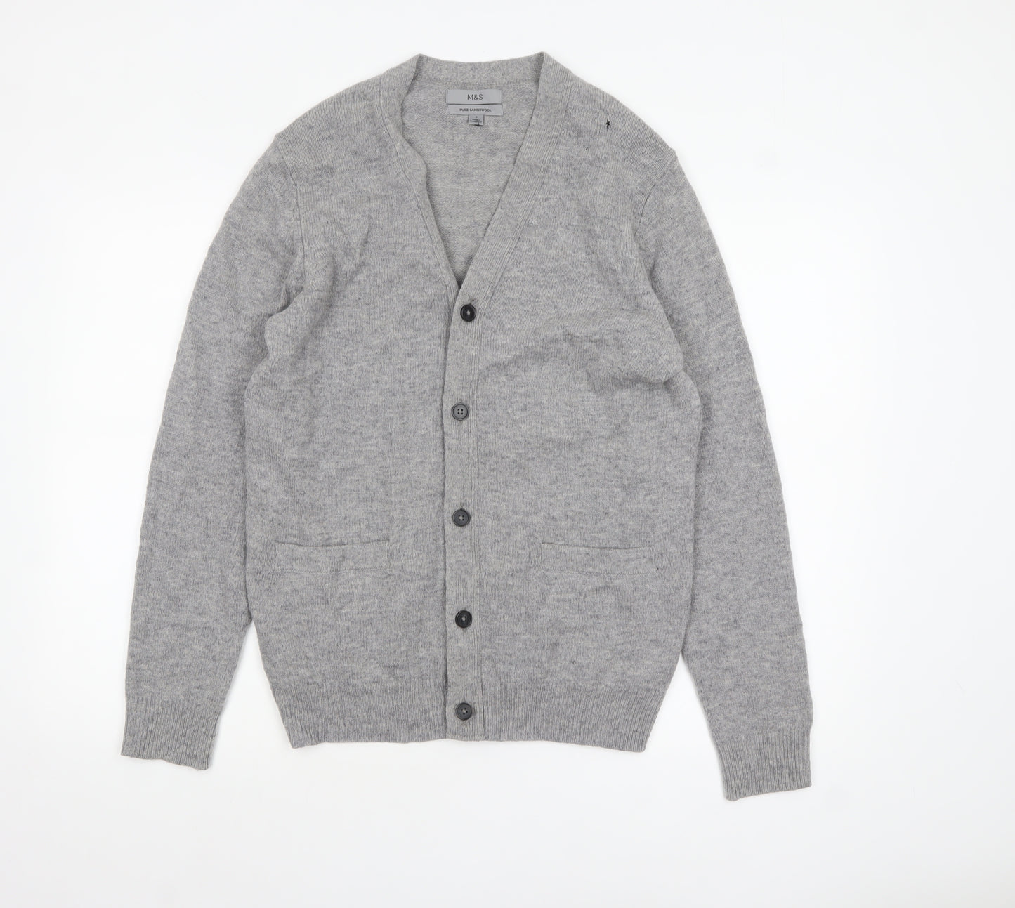 Marks and Spencer Men's Grey Wool Cardigan S V-Neck Button Knit